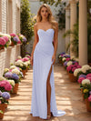 Strapless Satin Mermaid Wedding Guest Dresses with Slit