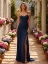 Strapless Satin Mermaid Wedding Guest Dresses with Slit