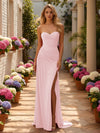 Strapless Satin Mermaid Wedding Guest Dresses with Slit