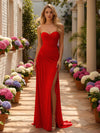 Strapless Satin Mermaid Wedding Guest Dresses with Slit