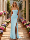 Strapless Satin Mermaid Wedding Guest Dresses with Slit