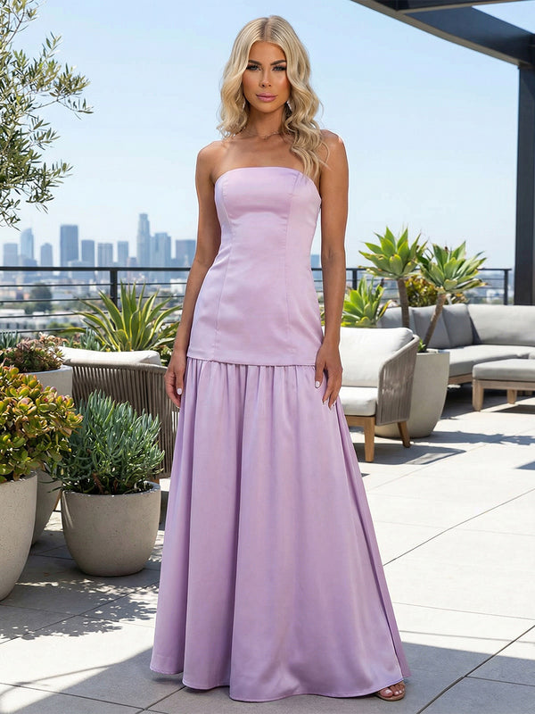 Satin A Line Strapless Pleated Formal Dresses