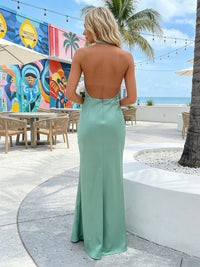 Satin Mermaid Halter Deep V Neck Formal Dresses