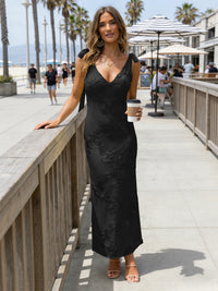 Satin Sheath V Neck Floral Embroidery Formal Dresses