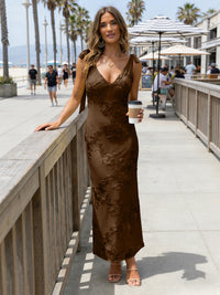 Satin Sheath V Neck Floral Embroidery Formal Dresses
