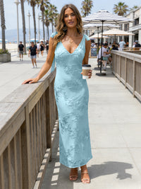 Satin Sheath V Neck Floral Embroidery Formal Dresses
