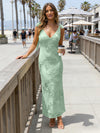 Satin Sheath V Neck Floral Embroidery Formal Dresses