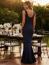 Round Neck Satin Mermaid Formal Dresses with Slit