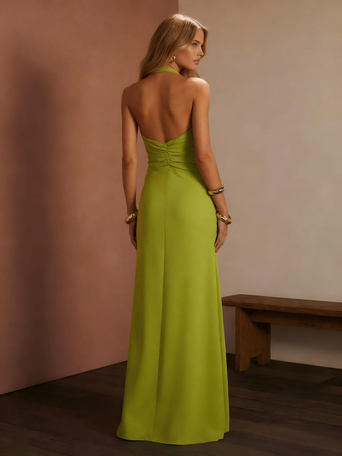 Halter Pleated Satin Mermaid Formal Dresses