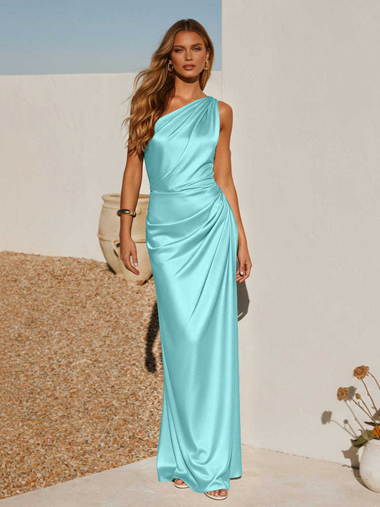 One Shoulder Pleated Satin Mermaid Formal Dresses