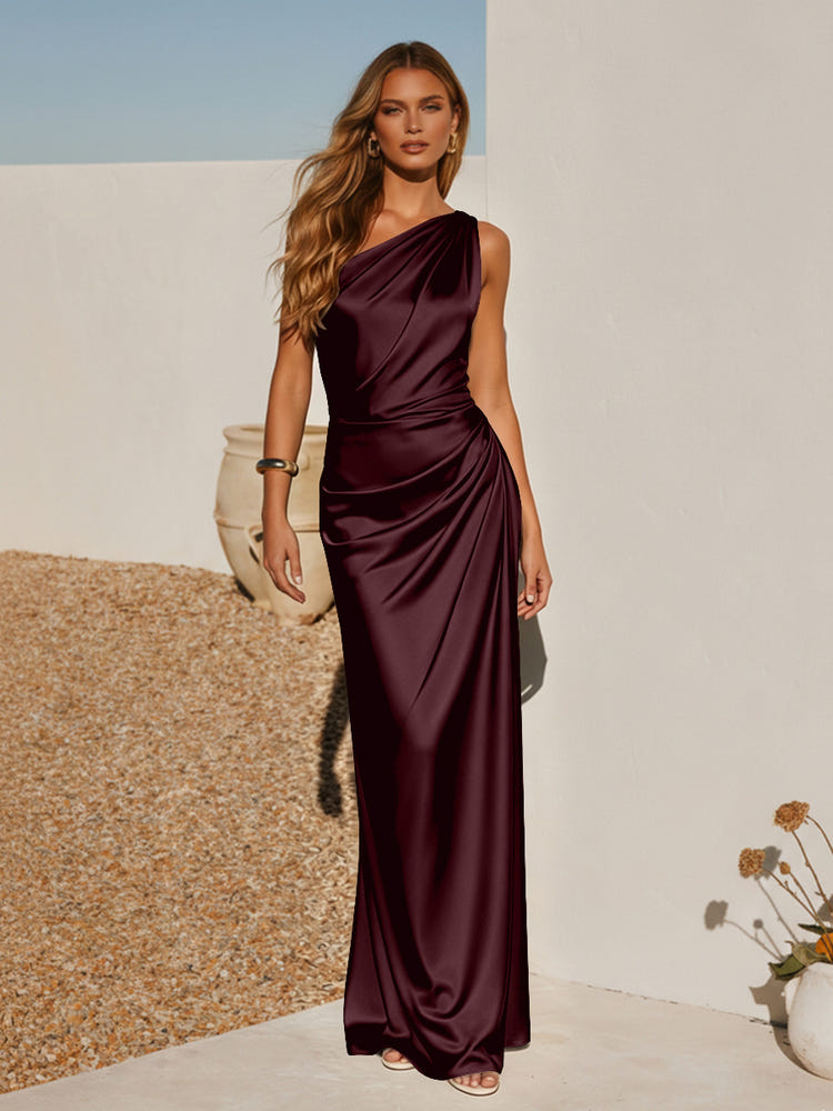 One Shoulder Pleated Satin Mermaid Formal Dresses