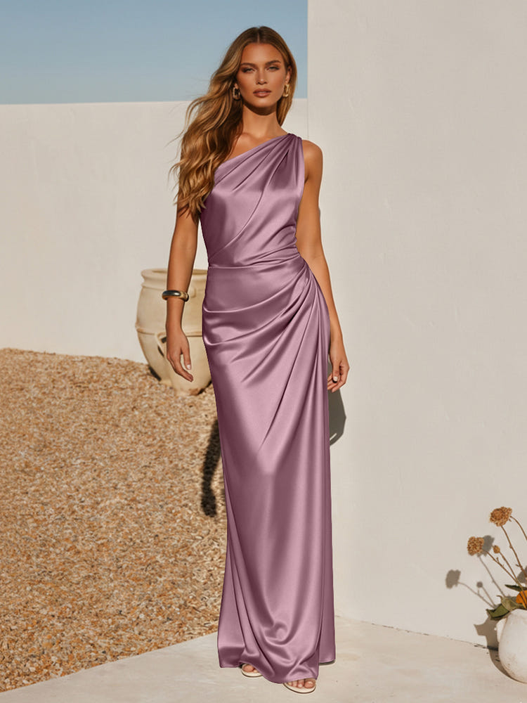 One Shoulder Pleated Satin Mermaid Formal Dresses
