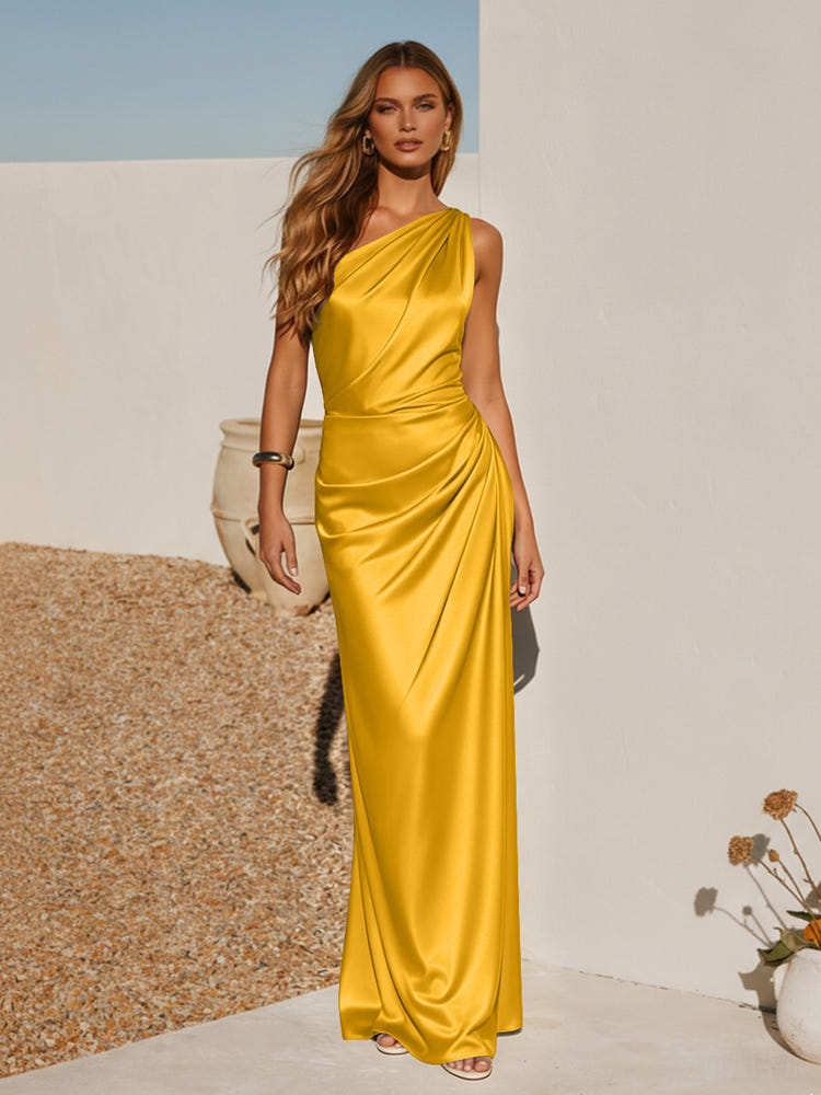One Shoulder Pleated Satin Mermaid Formal Dresses