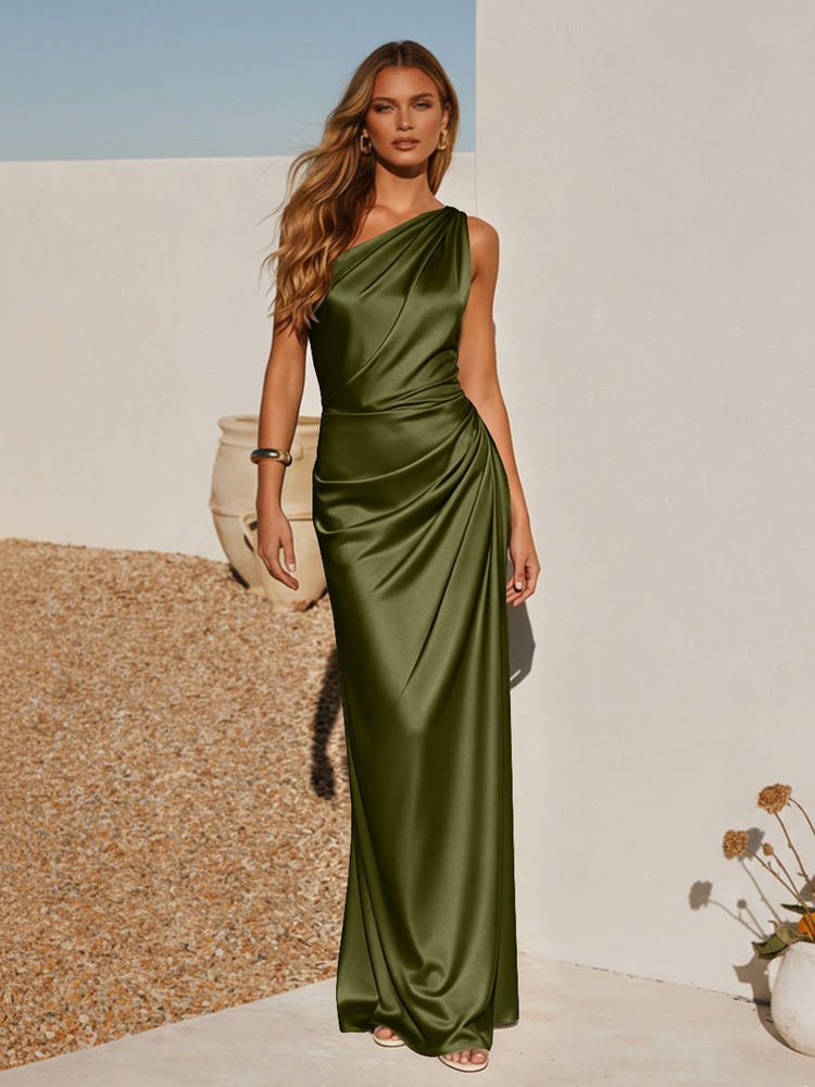 One Shoulder Pleated Satin Mermaid Formal Dresses