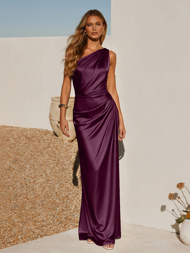 One Shoulder Pleated Satin Mermaid Formal Dresses