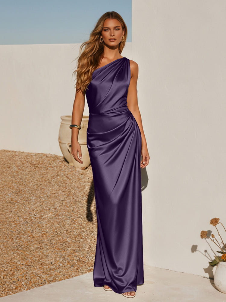 One Shoulder Pleated Satin Mermaid Formal Dresses