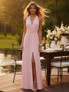 V Neck Chiffon A Line Formal Dresses with Slit