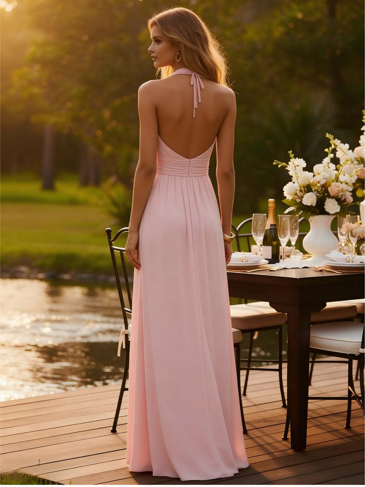 V Neck Chiffon A Line Formal Dresses with Slit