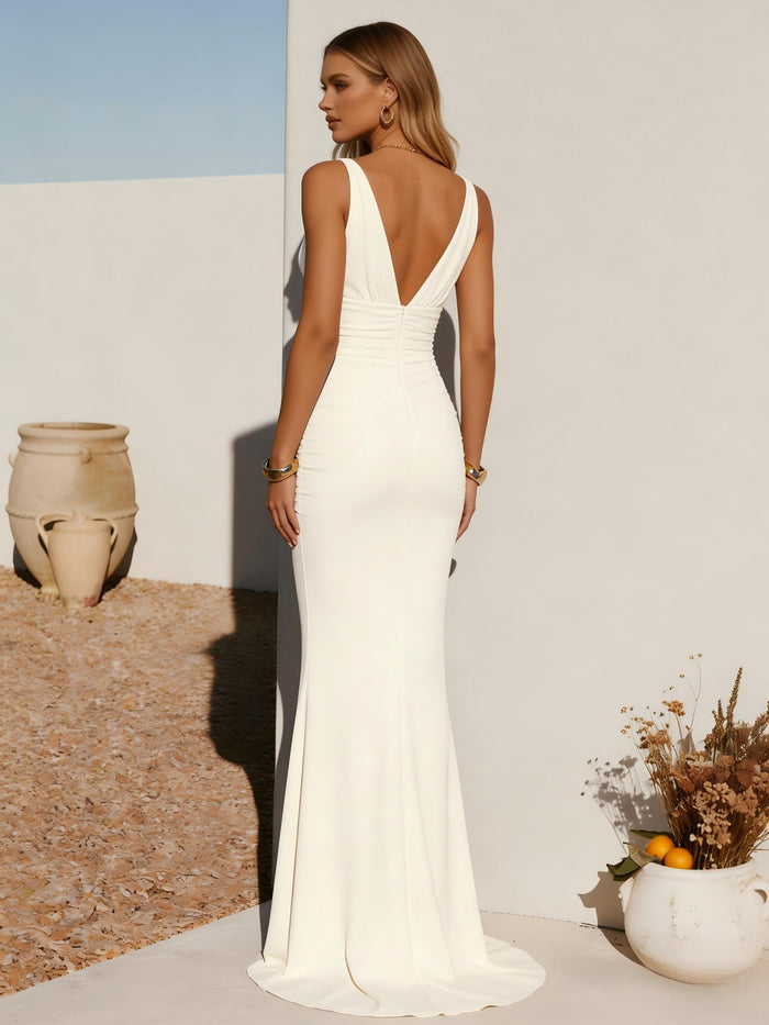 V Neck Satin Mermaid Formal Dresses with Pleats