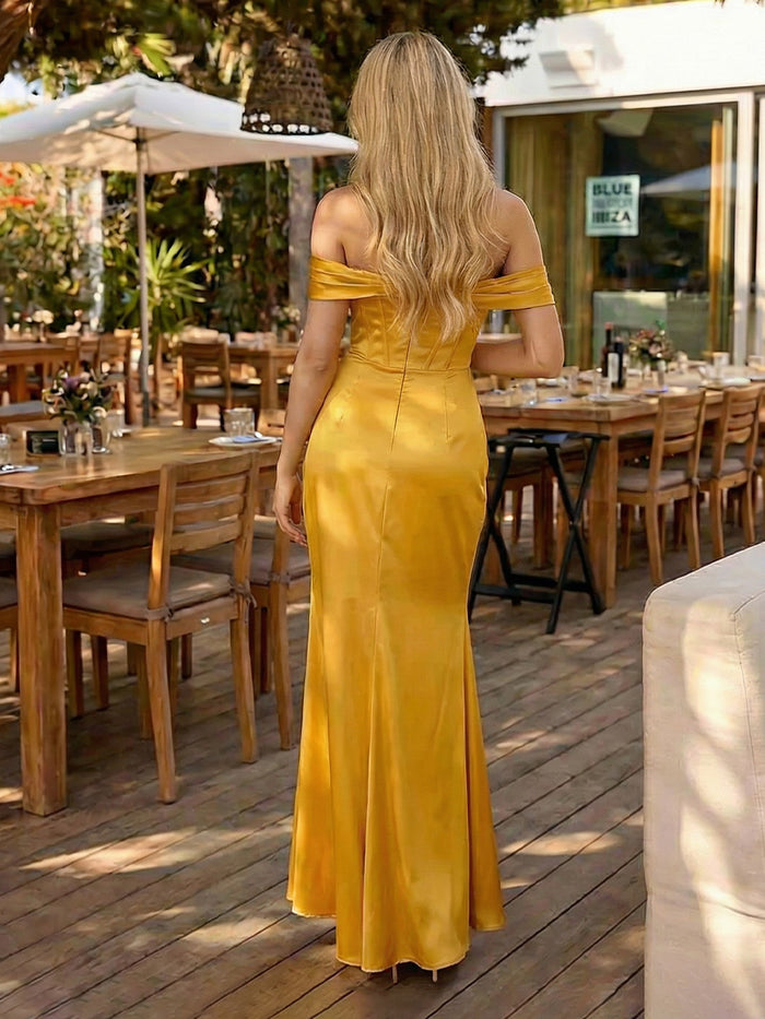 Off the Shoulder Satin Mermaid Formal Dresses with Slit