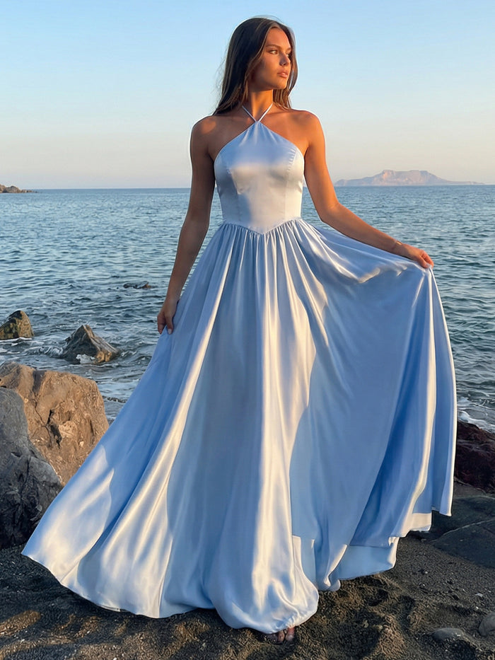 Halter A Line Satin Formal Dresses