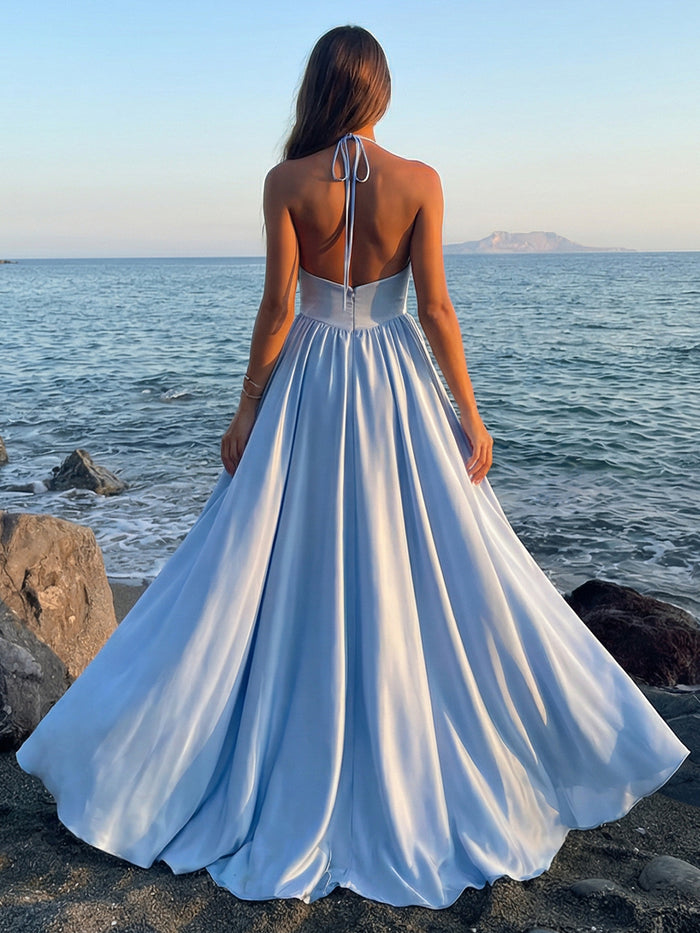 Halter A Line Satin Formal Dresses