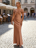 Satin Sheath Off the Shoulder Pleated Formal Dresses