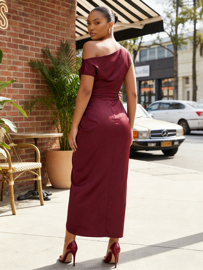 Satin Sheath One Shoulder Pleated Formal Dresses
