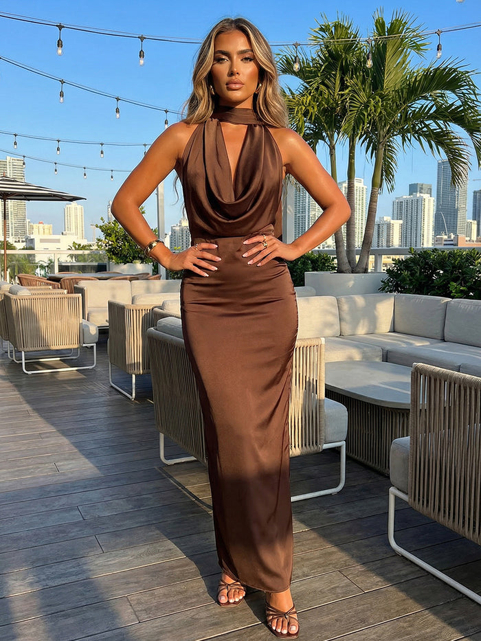 Satin Sheath Halter Deep V Neck Formal Dresses