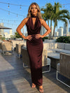 Satin Sheath Halter Deep V Neck Formal Dresses