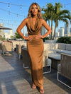 Satin Sheath Halter Deep V Neck Formal Dresses