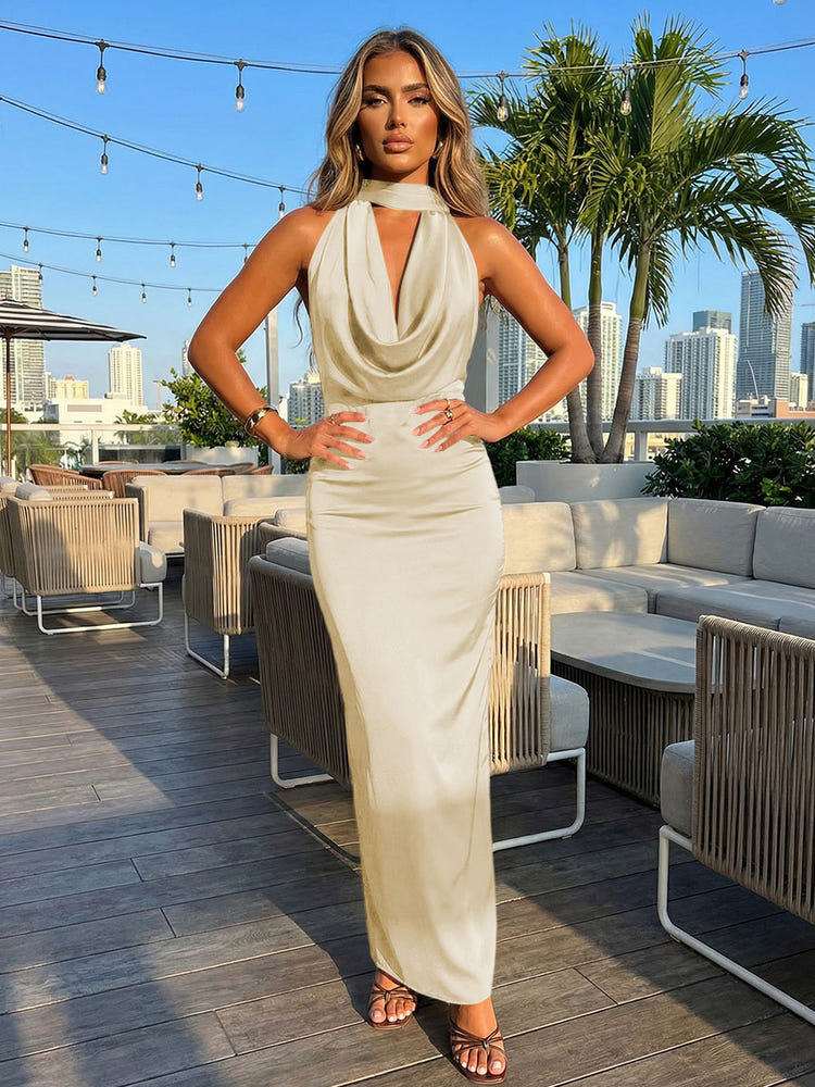 Satin Sheath Halter Deep V Neck Formal Dresses