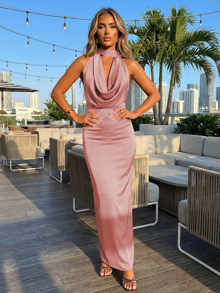 Satin Sheath Halter Deep V Neck Formal Dresses
