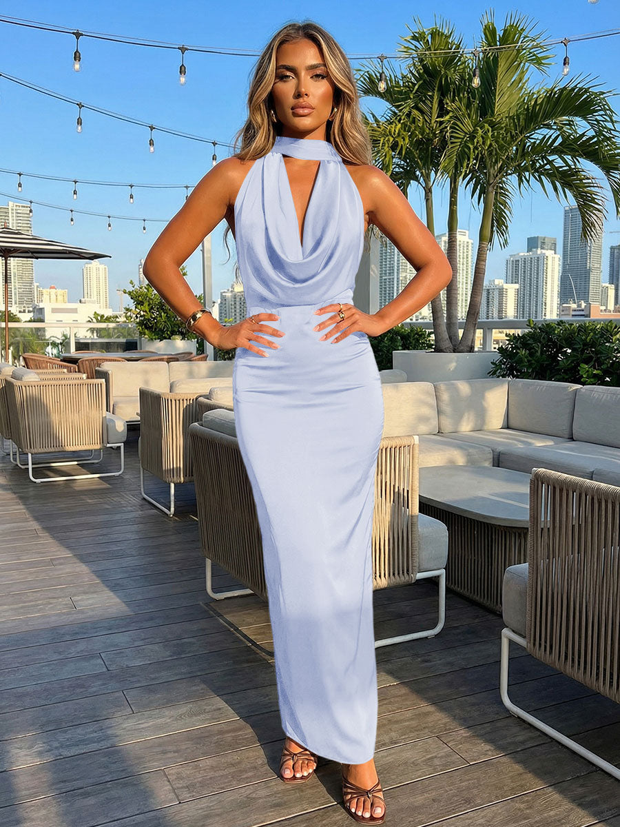 Satin Sheath Halter Deep V Neck Formal Dresses