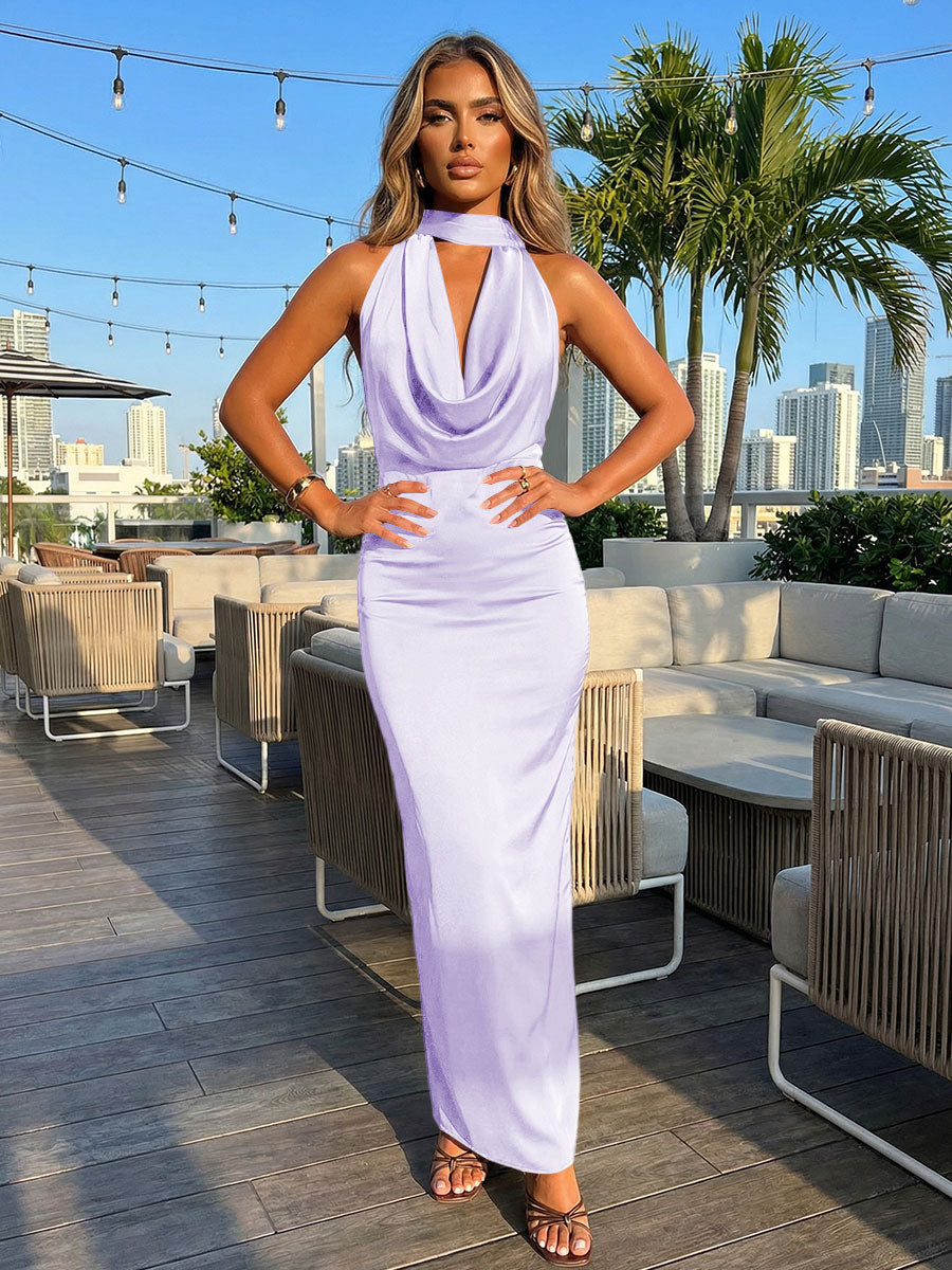 Satin Sheath Halter Deep V Neck Formal Dresses