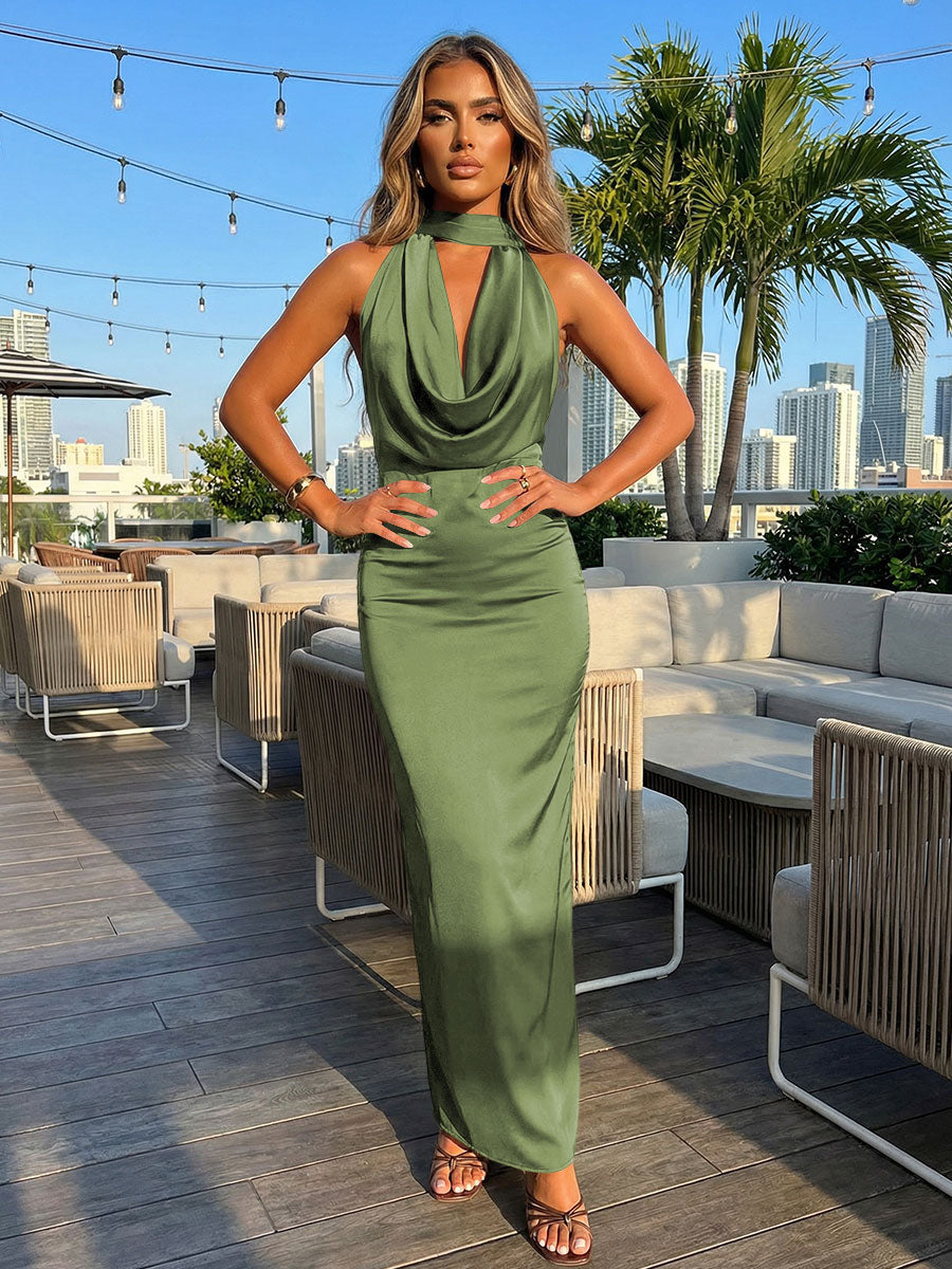 Satin Sheath Halter Deep V Neck Formal Dresses