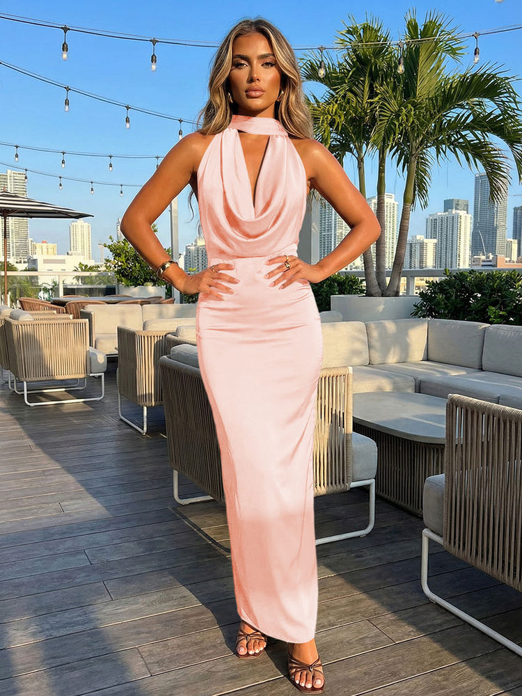 Satin Sheath Halter Deep V Neck Formal Dresses