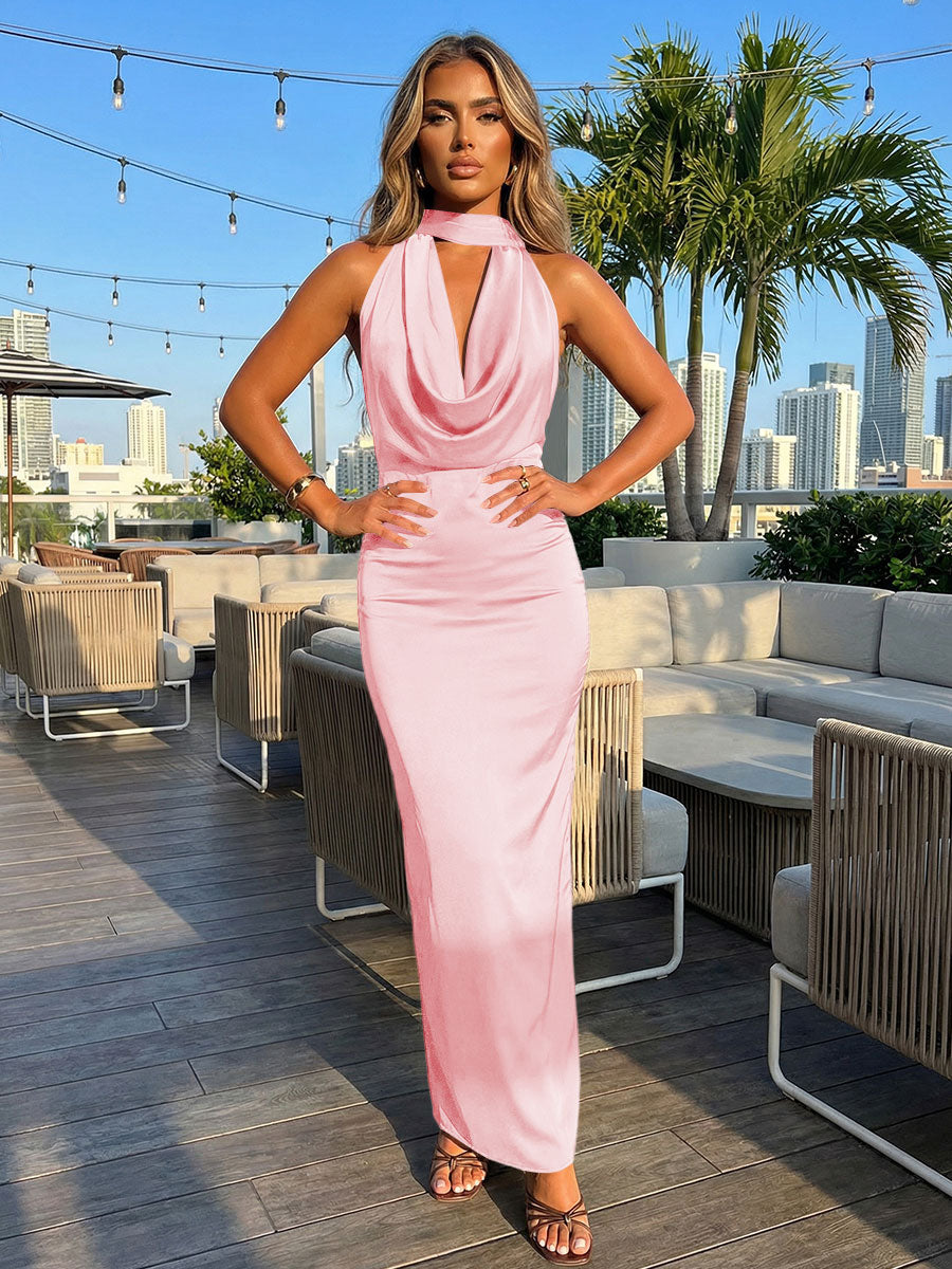Satin Sheath Halter Deep V Neck Formal Dresses