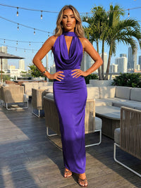 Satin Sheath Halter Deep V Neck Formal Dresses