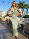 Satin Sheath Halter Deep V Neck Formal Dresses