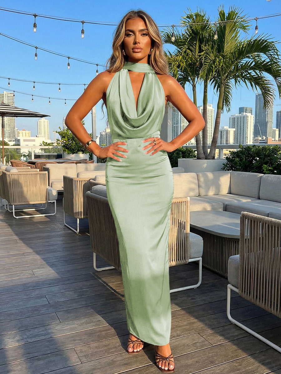 Satin Sheath Halter Deep V Neck Formal Dresses