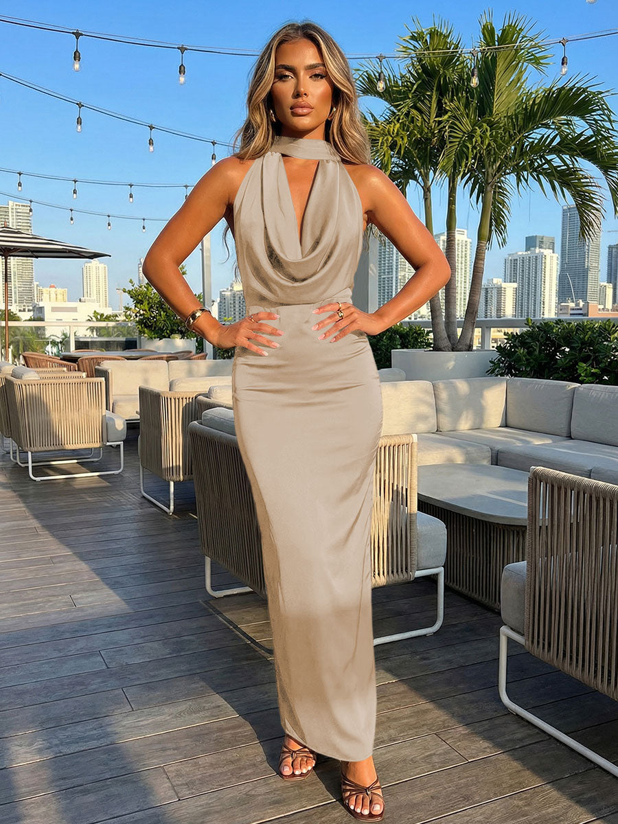 Satin Sheath Halter Deep V Neck Formal Dresses