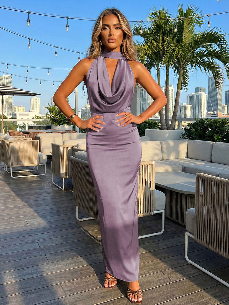 Satin Sheath Halter Deep V Neck Formal Dresses