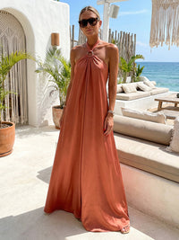 Halter A-Line Satin Backless Formal Dresses