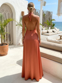 Halter A-Line Satin Backless Formal Dresses