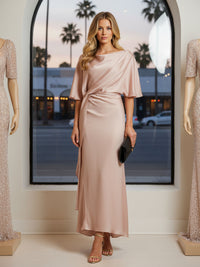 Round Neck Mermaid Satin Formal Dresses with Sleeves