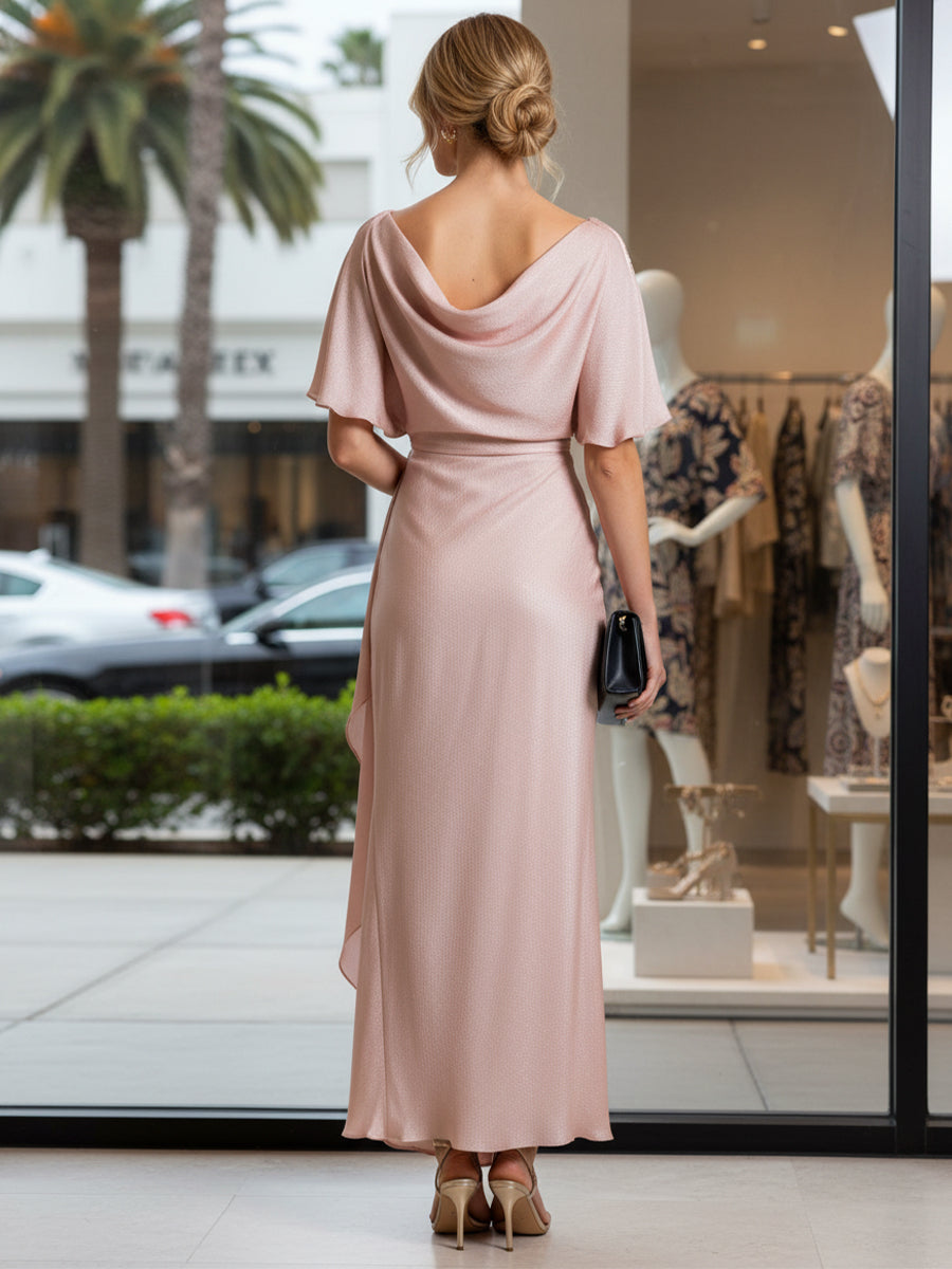 Round Neck Mermaid Satin Formal Dresses with Sleeves