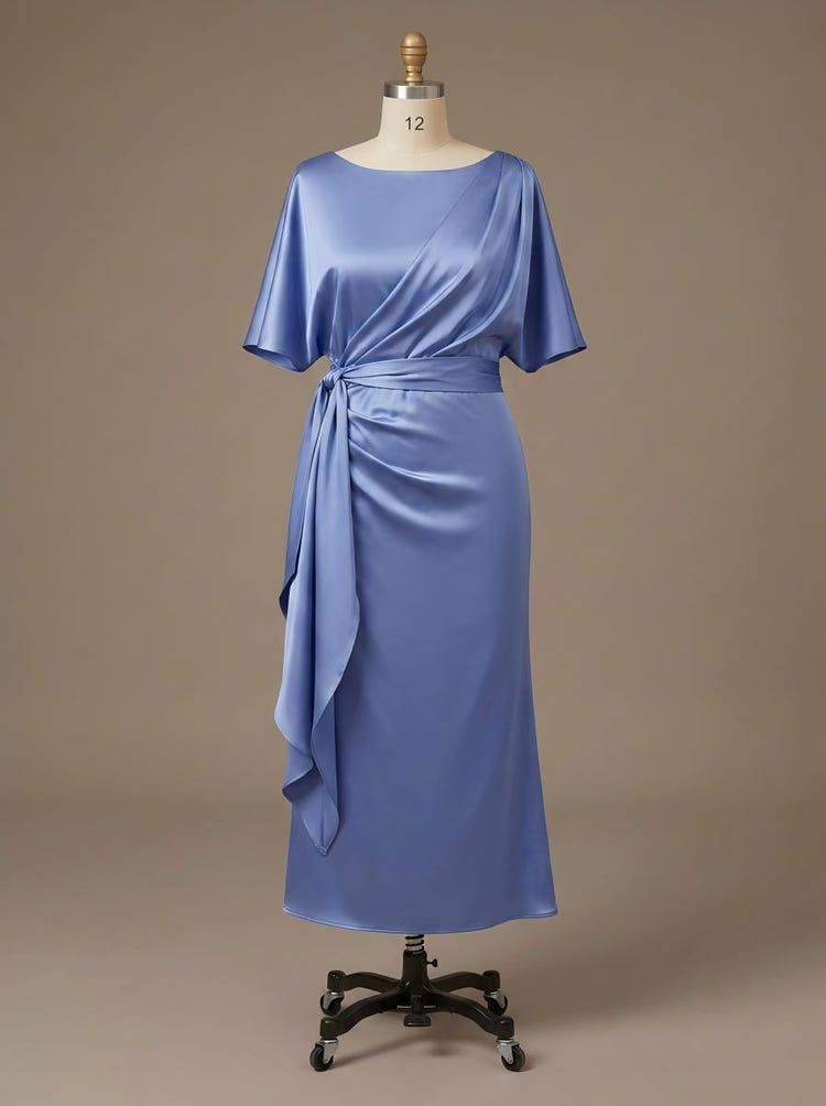 Round Neck Mermaid Satin Formal Dresses with Sleeves