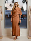 Round Neck Mermaid Satin Formal Dresses with Sleeves