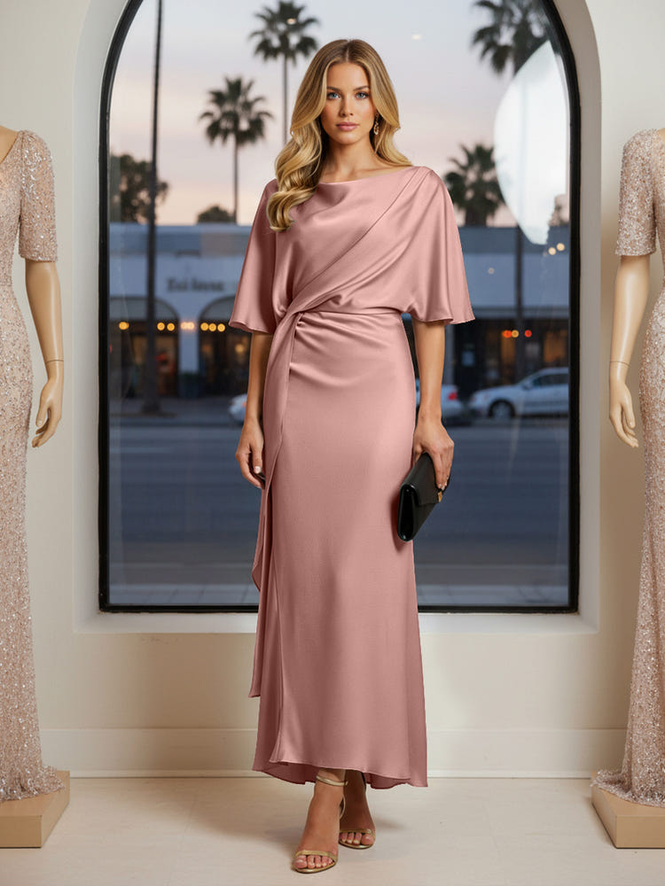 Round Neck Mermaid Satin Formal Dresses with Sleeves